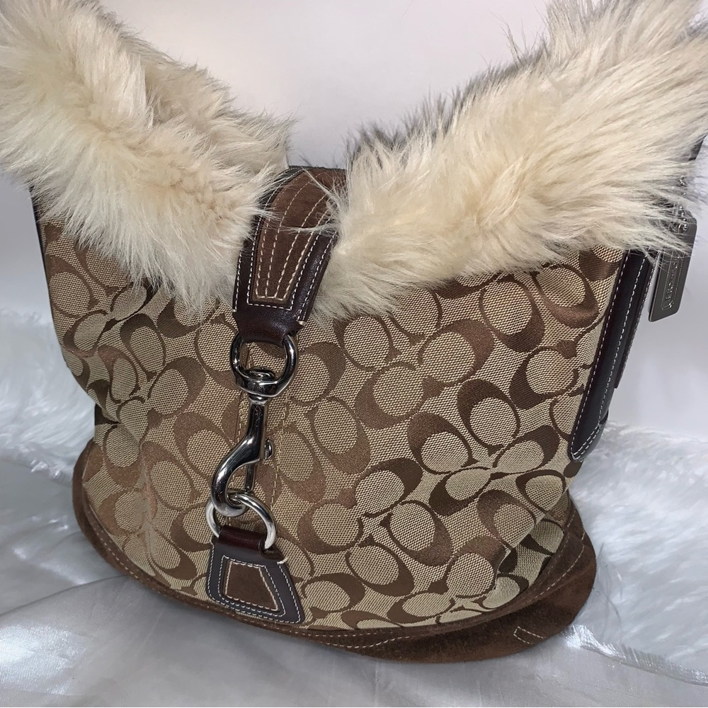 Coach Signature Jacquard Suede Fur Handbag